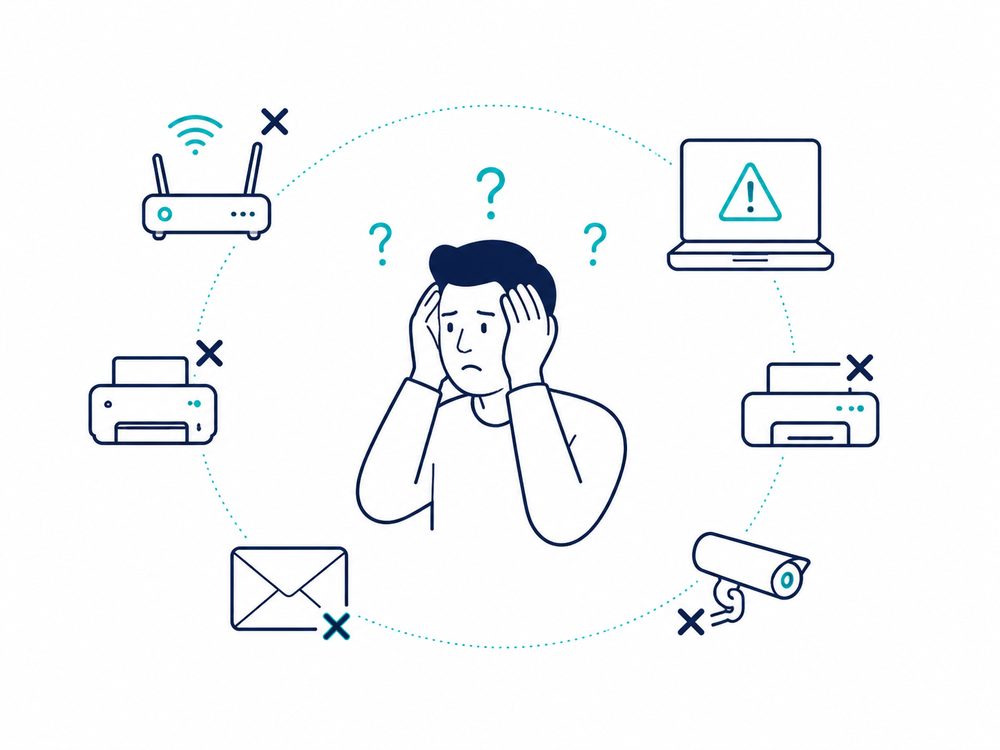Problemas de soporte técnico empresarial en PYMES con fallas de internet, impresoras, correos y cámaras de seguridad